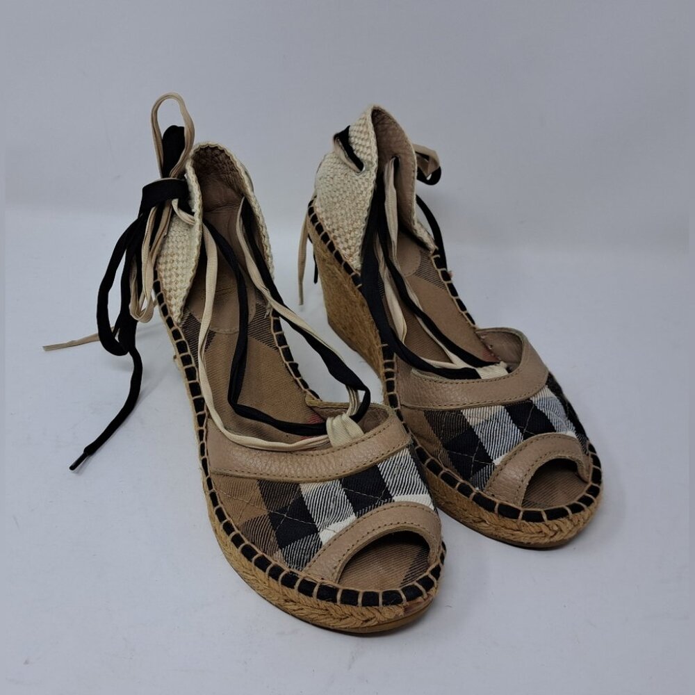 Burberry Espadrilles Wedge Ankle Wrap House Check Shoes Open Toe 37 EU / 7 US
